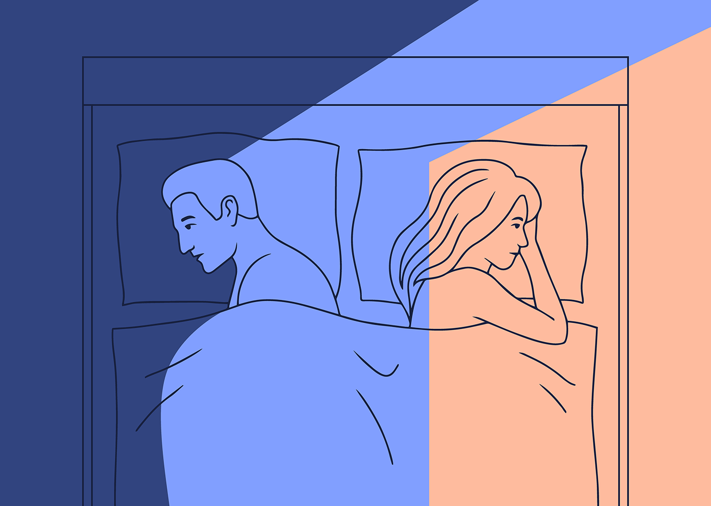 Libidoverlust-Ursachen-Symptome-Behandlung-Fraulila-Illustration-Paar-im-Bett-ohne-Libido
