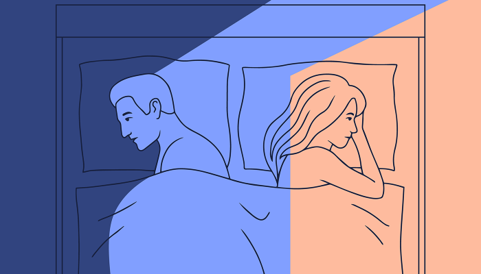 Libidoverlust-Ursachen-Symptome-Behandlung-Fraulila-Illustration-Paar-im-Bett-ohne-Libido